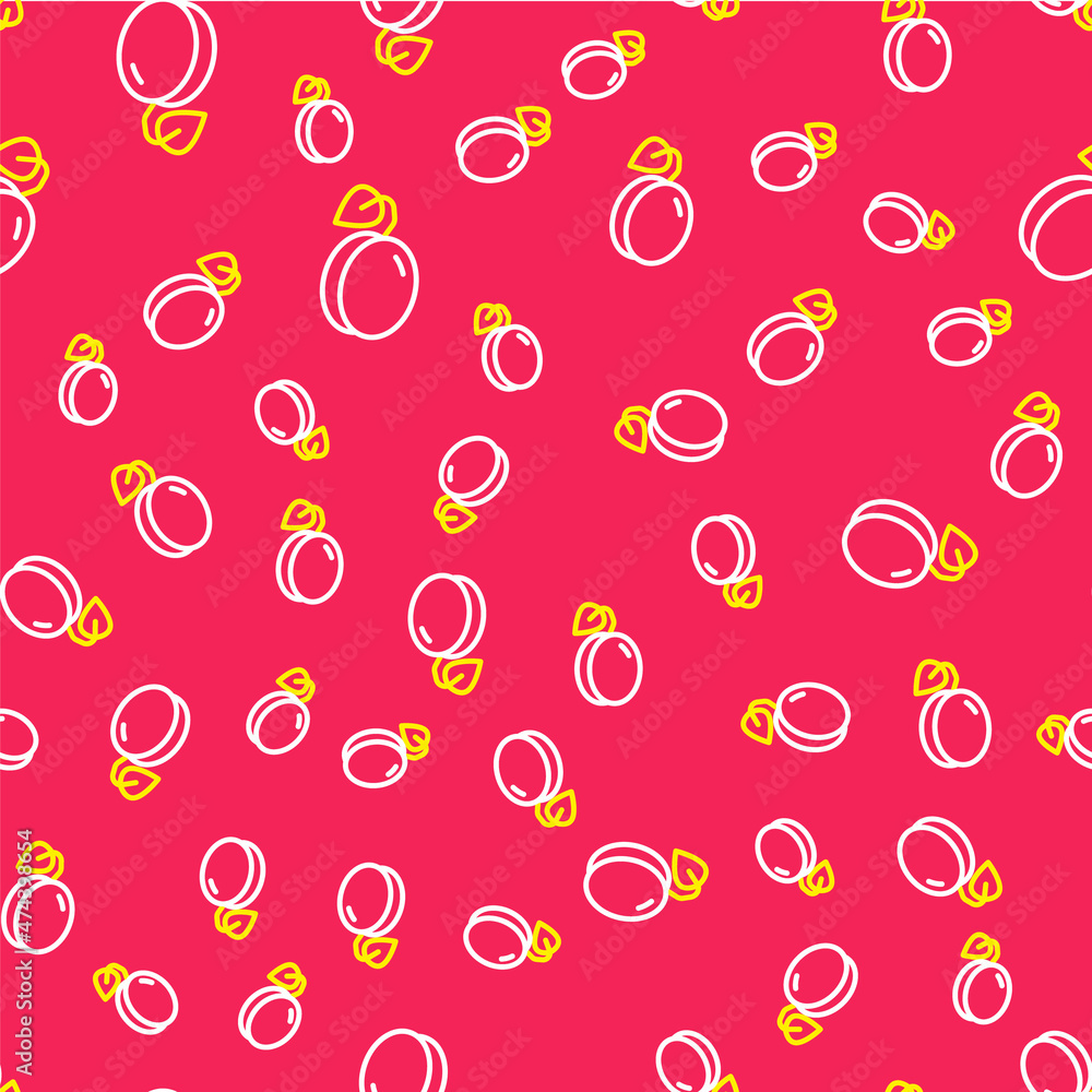 Line Plum fruit icon isolated seamless pattern on red background. Vector Line Plum fruit icon isolated seamless pattern on red background. Vector