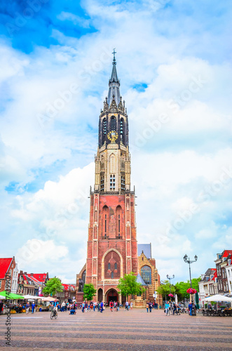 Nieuwe Kerk tower and traditional houses on Market square of old beautiful city Delft  Netherlands