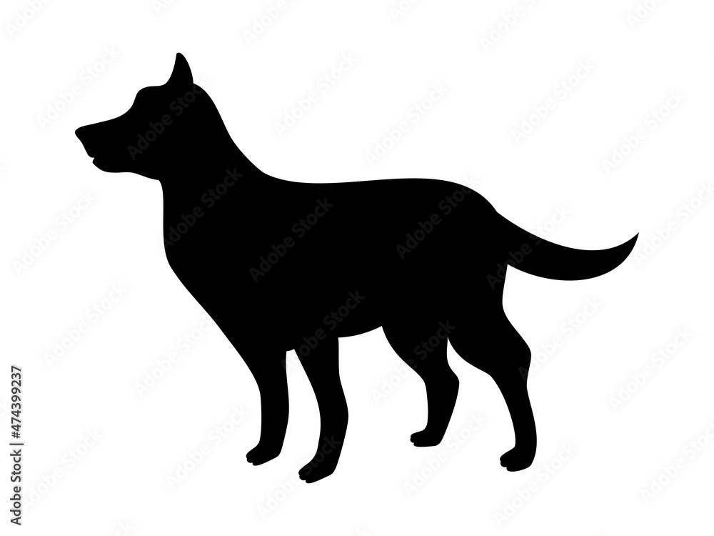 Standing dog side view black silhouette icon vector. Black pet dog from side silhouette icon vector isolated on a white background