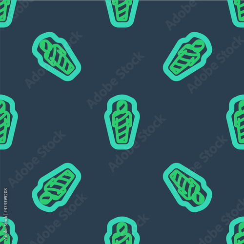 Line Egypt mummy in sarcophagus icon isolated seamless pattern on blue background. Vector