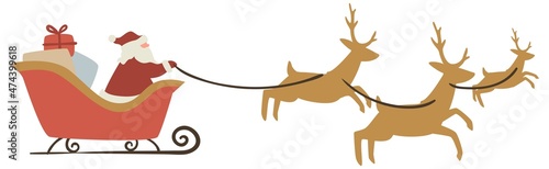 Santa Claus with boxes and presents riding deers