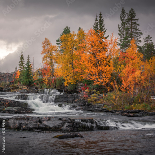 Trappstegsforsen waterfall in autumn along the Wilderness Road in Lapland in Sweden, clouds in the sky.