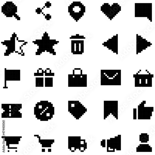 Set of shopping icons in pixel art style. E-commerce standart icons in trending style for website or application