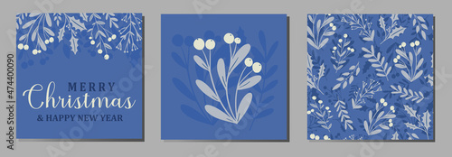 Set of three blue holiday greeting cards Merry Christmas and Happy New Year, pattern background with winter greenery, mistletoe, holly berry branch.