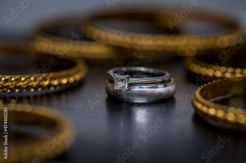 Diamond Ring. Wedding Ring | Closeup view of wedding diamond ring on a table