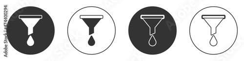 Black Funnel or filter icon isolated on white background. Circle button. Vector