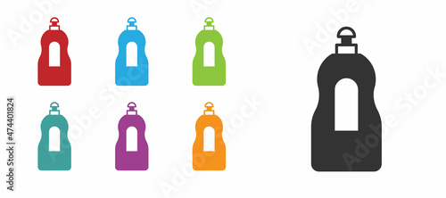 Black Dishwashing liquid bottle icon isolated on white background. Liquid detergent for washing dishes. Set icons colorful. Vector