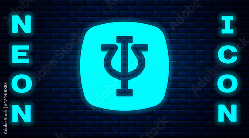 Glowing neon Psychology icon isolated on brick wall background. Psi symbol. Mental health concept, psychoanalysis analysis and psychotherapy. Vector
