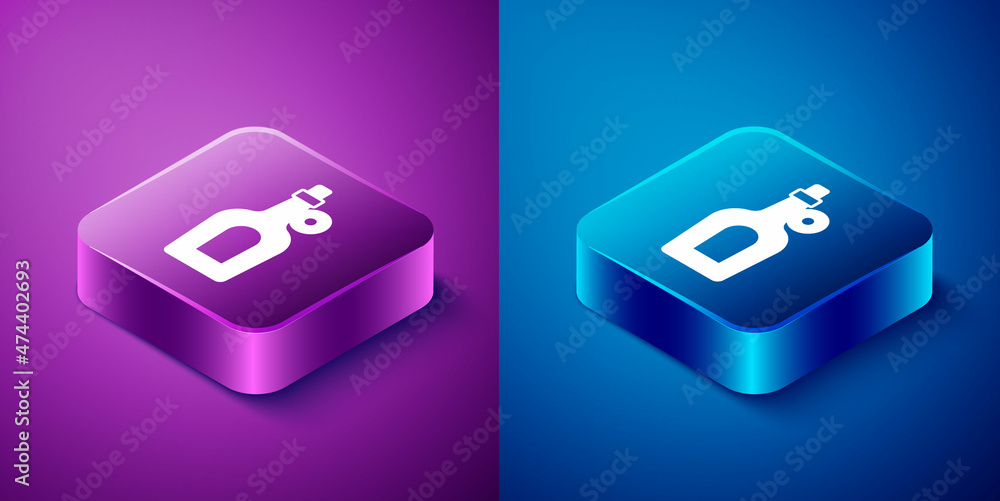 Isometric Bottle of maple syrup icon isolated on blue and purple background. Square button. Vector Isometric Bottle of maple syrup icon isolated on blue and purple background. Square button. Vector