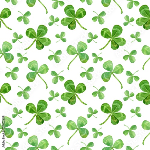 A set of clover leaves - four-leaf and three-leaf. Seamless pattern. Watercolor , Happy St. Patrick's Day