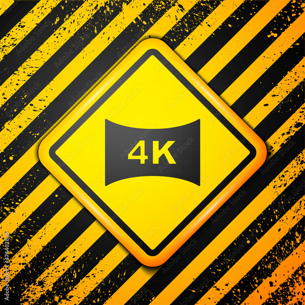 Black Screen tv with 4k Ultra HD video technology icon isolated on yellow background. Warning sign. Vector Black Screen tv with 4k Ultra HD video technology icon isolated on yellow background. Warning sign. Vector