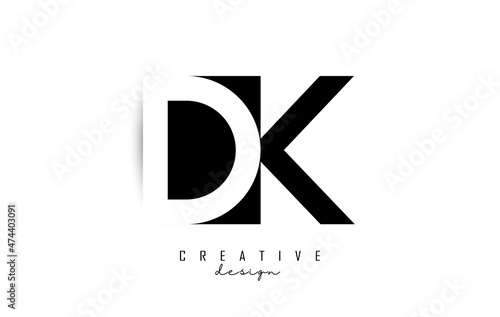 Letters DK Logo with black and white negative space design. Letters D and k with geometric typography.