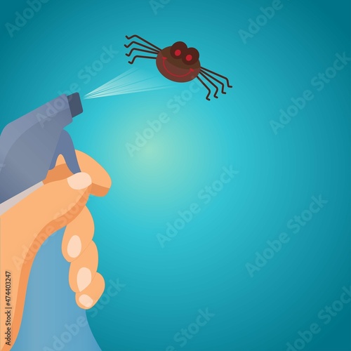 Hand holding a spray against spiders, copy space
