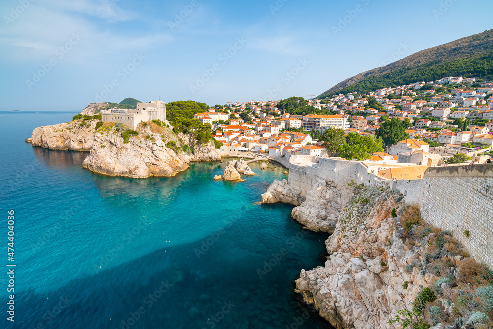 Ancient fort Lovrijenac near old city Dubrovnik. View from city wall. Sunny day, summer weather. Croatia coat near adriatic sea.