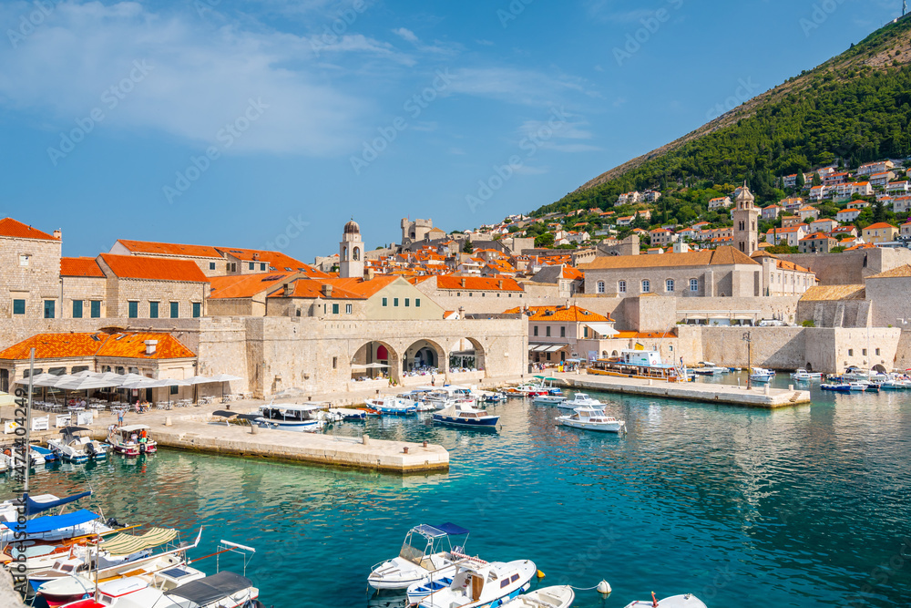 Naklejka premium View of old harbor at city Dubrovnik, Croatia.
