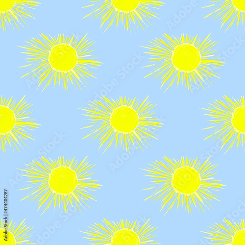 The sun is yellow on a blue background. Seamless pattern. Watercolor illustration. For wallpaper  textiles.