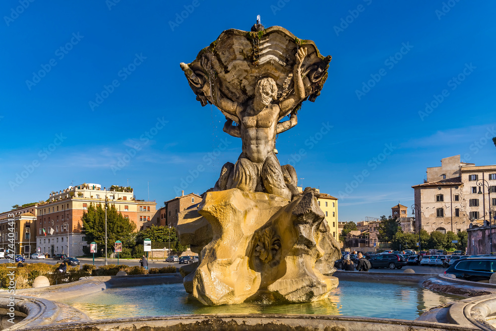 Obraz premium A view of the Fontana dei Tritoni (Fountain of the Tritons) in the Piazza Bocca della Verità (Square of the Mouth of Truth), Rome, Italy