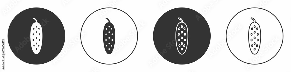 Black Fresh cucumber icon isolated on white background. Circle button. Vector Black Fresh cucumber icon isolated on white background. Circle button. Vector
