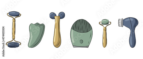Self Care Skin Cosmetic Tools set. Sketch of Facial guasha massage kit. Face roller and Chinese traditional gua sha massager made from natural stones. Vector illustration isolated on white background.
