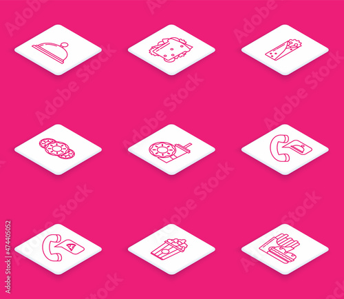 Set line Covered with a tray of food, Sandwich, Doner kebab, Donut sweet glaze, Paper glass drinking straw donut, Food ordering, pizza and Popcorn cardboard box icon. Vector