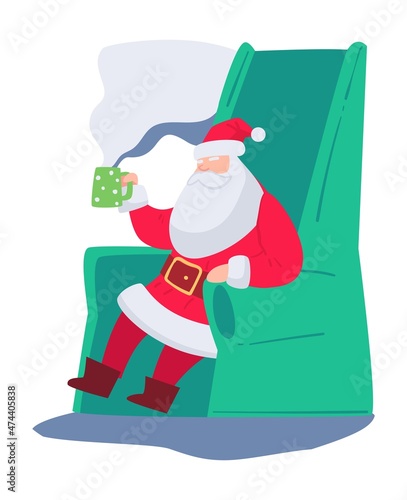 Santa Claus resting in armchair drinking coffee