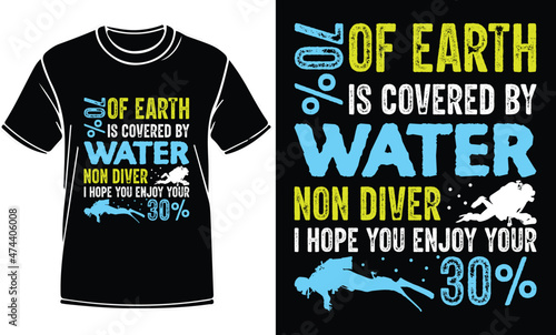 70% of earth is covered by water T shirt Design, vector, template, vintage, typography, scuba diving t shirt, mug, banner, logo, poster, shirt, t shirt designs.