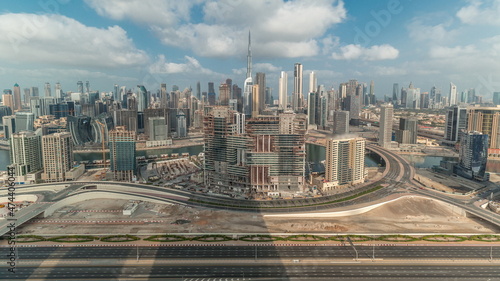Panoramic skyline of Dubai with business bay and downtown district timelapse. © neiezhmakov