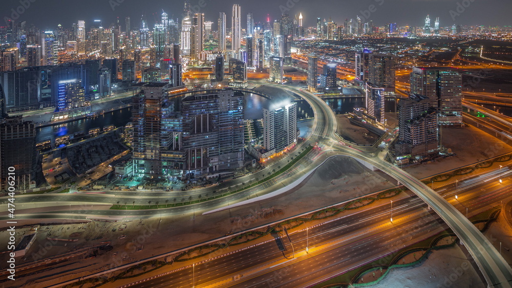 Panoramic skyline of Dubai with business bay and downtown district night timelapse. Panoramic skyline of Dubai with business bay and downtown district night timelapse.
