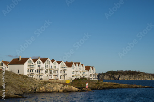Scenic cityscape of modern norwegian town. Modern white architecture of Stavanger. Sunny day. Lusefjord.