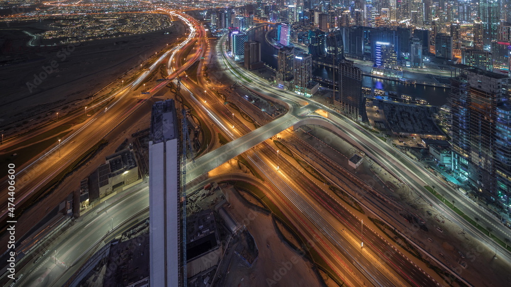 Panoramic skyline of Dubai with business bay and downtown district night timelapse. Panoramic skyline of Dubai with business bay and downtown district night timelapse.