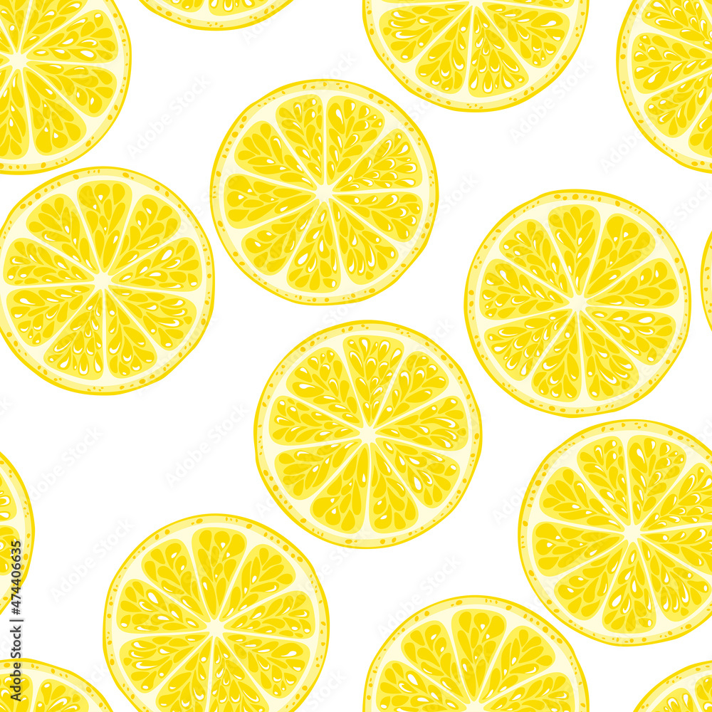 Slices of yellow lemons seamless pattern. Citrus fruit background. Vector cartoon flat illustration of food.