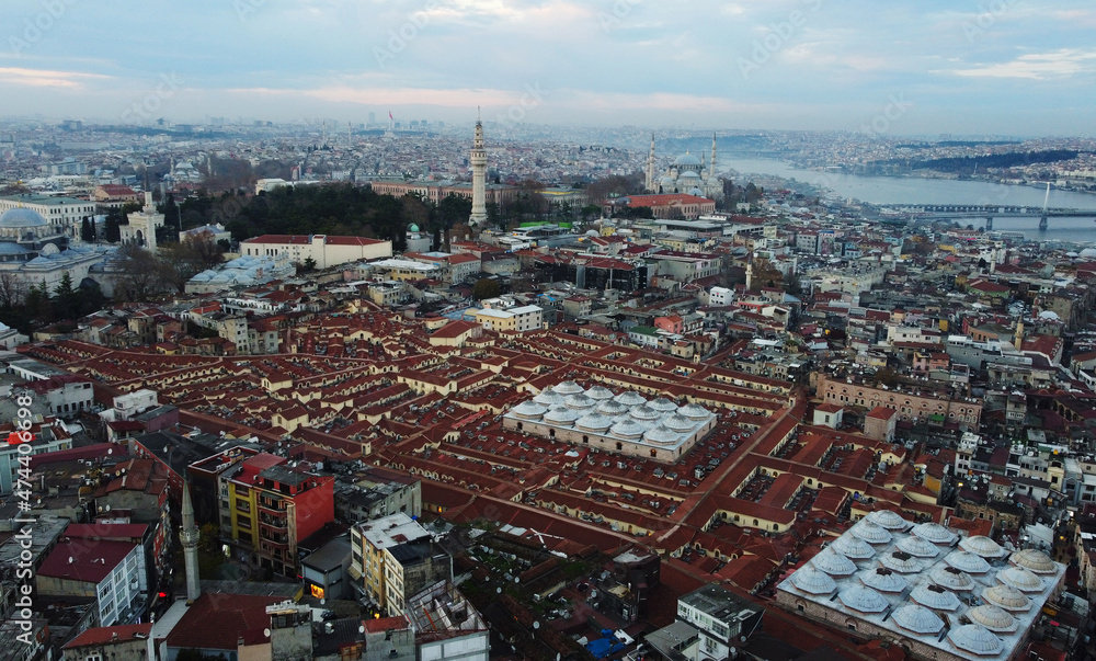 Aerial view of Grand Bazaar market, located in the old city of Istanbul, Turkey. One of the oldest and largest covered public markets in the world.