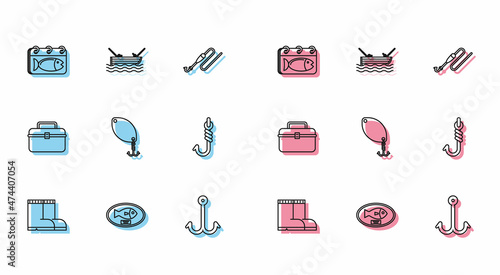 Set line Fishing boots, trophy hanging on the board, Calendar with fish, hook, spoon, Case or box container for wobbler and gear fishing equipment and boat rod water icon. Vector