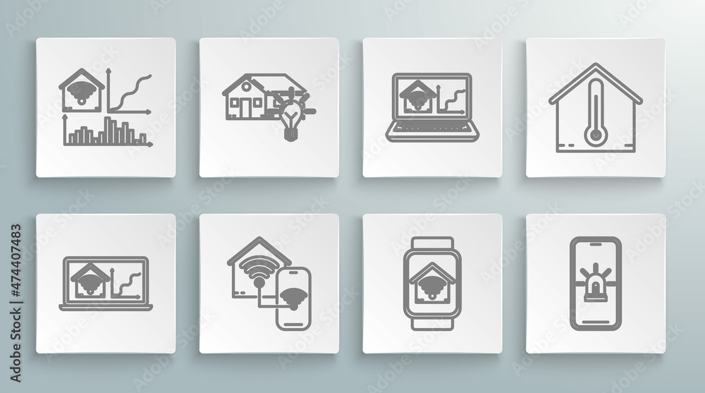 Set line Laptop with smart home with wi-fi, Smart house and light bulb, watch, Mobile phone alarm, House temperature and icon. Vector Set line Laptop with smart home with wi-fi, Smart house and light bulb, watch, Mobile phone alarm, House temperature and icon. Vector