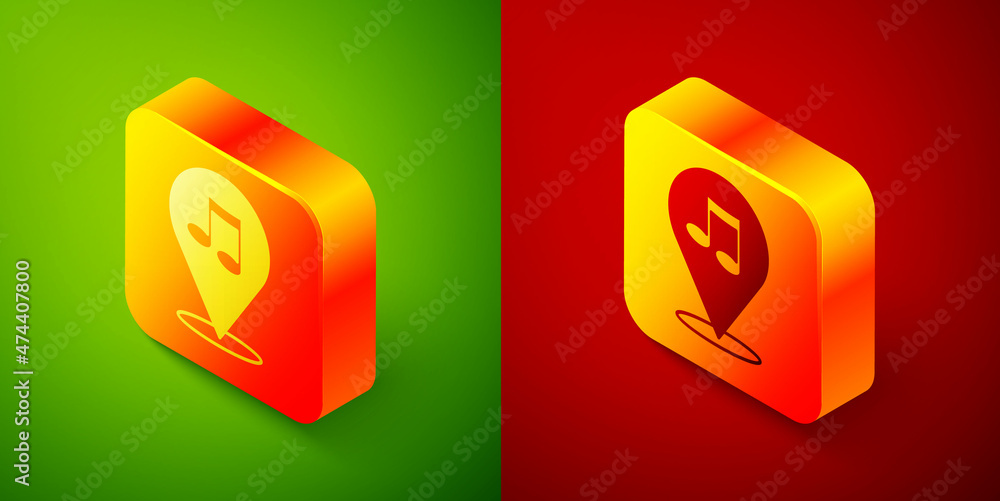 Isometric Location musical note icon isolated on green and red background. Music and sound concept. Square button. Vector Isometric Location musical note icon isolated on green and red background. Music and sound concept. Square button. Vector