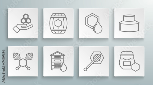 Set line Honey dipper stick, Wooden barrel with honey, Hive for bees, Jar of, Honeycomb, Beekeeper protect hat and and hand icon. Vector