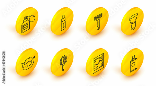 Set line Shaving gel foam, Glass of whiskey and ice cubes, Hairbrush, Mustache beard, razor, bottle with pipette and Aftershave icon. Vector