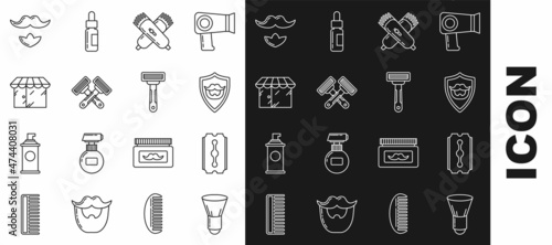 Set line Shaving brush, Blade razor, Mustache and beard on shield, Crossed electrical hair clipper shaver, shaving, Barbershop building, and icon. Vector