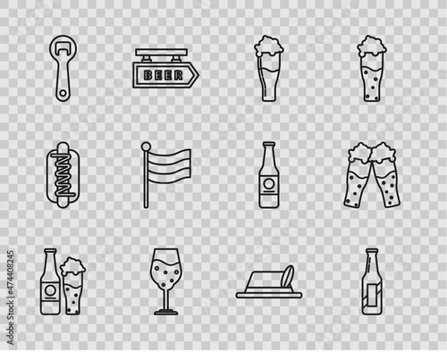 Set line Beer bottle and glass, Glass of beer, Bottle opener, National Germany flag, Oktoberfest hat and icon. Vector