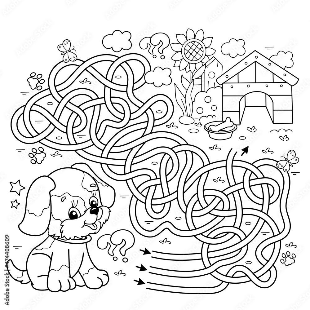 Maze or Labyrinth Game. Puzzle. Tangled road. Coloring Page Outline Of cartoon little dog with doghouse or kennel. Coloring book for kids.