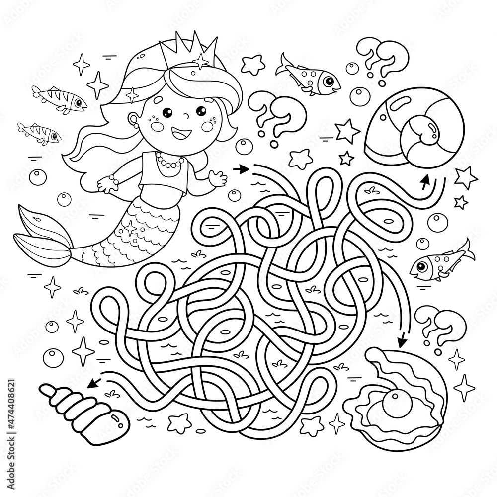 Maze or Labyrinth Game. Puzzle. Tangled road. Coloring Page Outline Of cartoon beautiful little mermaid with shells. Marine princess. Underwater world. Coloring book for kids.