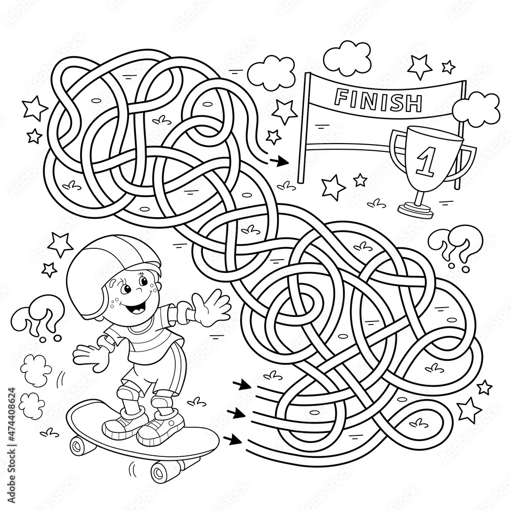 Maze or Labyrinth Game. Puzzle. Tangled road. Coloring Page Outline Of cartoon boy with skateboard. Sport activity. Coloring book for kids.