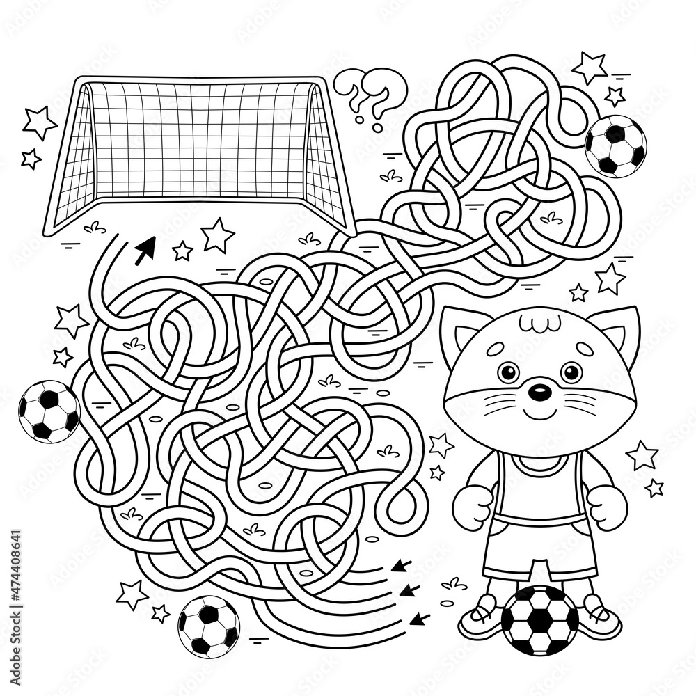 Maze or Labyrinth Game. Puzzle. Tangled road. Coloring Page Outline Of  cartoon cat with soccer ball. Football. Sport activity. Coloring book for  kids. Stock Vector | Adobe Stock