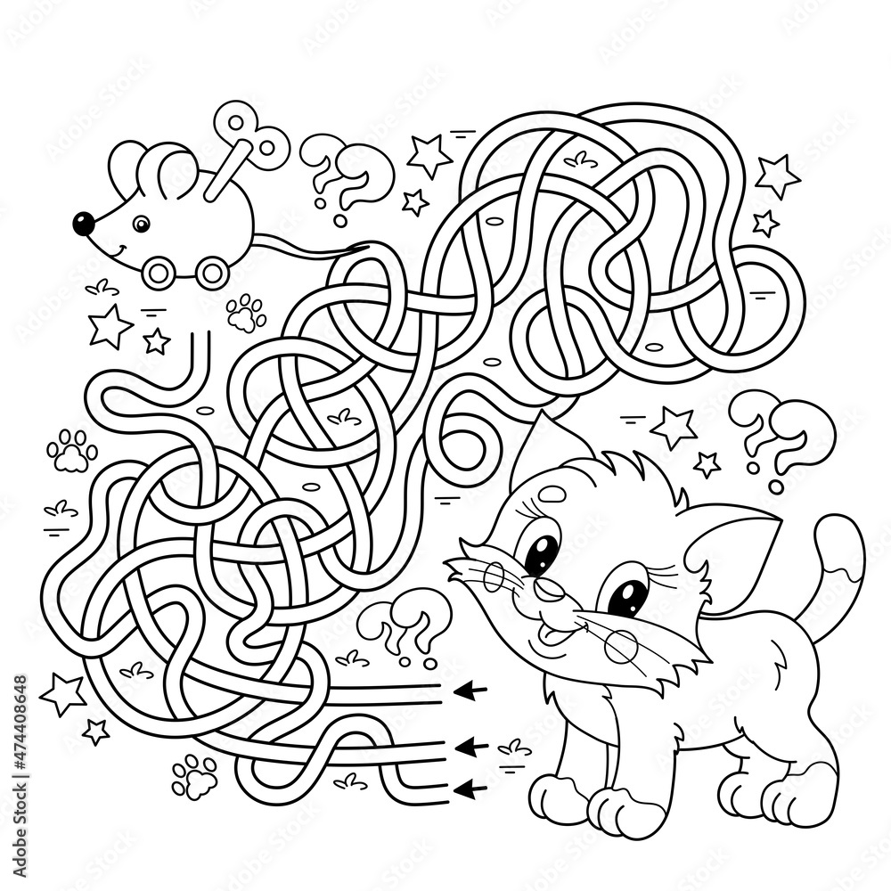 Maze or Labyrinth Game. Puzzle. Tangled road. Coloring Page Outline Of cartoon little cat with toy clockwork mouse. Coloring book for kids.