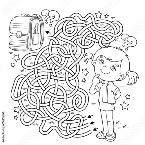 Maze or Labyrinth Game. Puzzle. Tangled road. Coloring Page Outline Of cartoon girl with school briefcase or satchel.