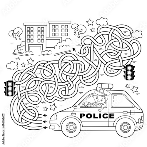 Maze or Labyrinth Game. Puzzle. Tangled road. Coloring Page Outline Of cartoon policeman with car. Profession - police. Coloring book for kids.