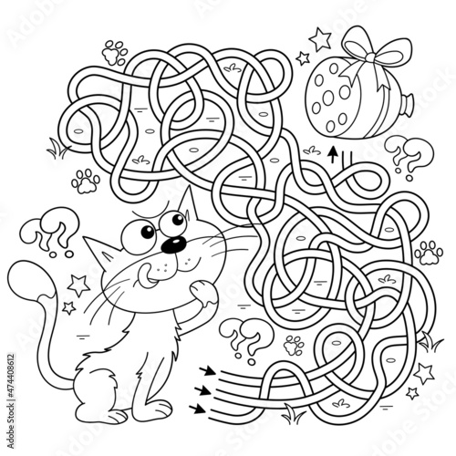 Maze or Labyrinth Game. Puzzle. Tangled road. Coloring Page Outline Of cartoon cat with sausage. Coloring book for kids.