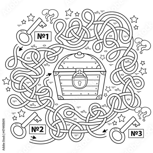 Maze or Labyrinth Game for Preschool Children. Puzzle. Tangled Road.  Coloring Page Outline Of Cartoon keys and closed treasure chest. Coloring book for kids
