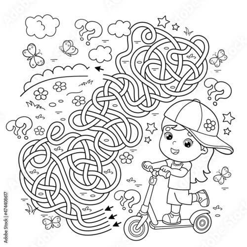 Maze or Labyrinth Game. Puzzle. Tangled road. Coloring Page Outline Of cartoon girl with scooter. Sport activity. Coloring book for kids.