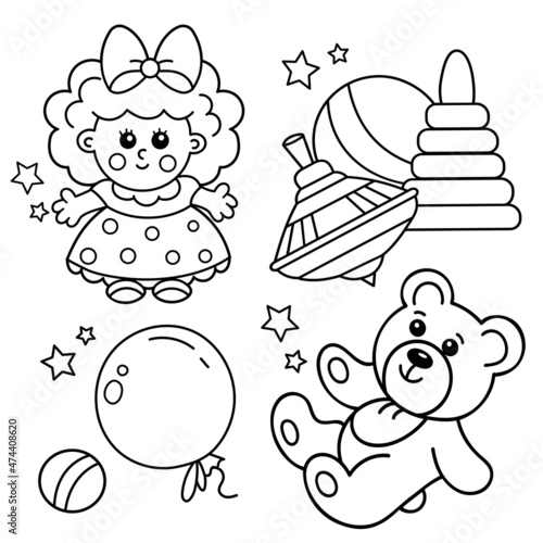 Coloring Page Outline Of little teddy bear, cute doll, ball, balloon and spinning top. Set of children toys.  Coloring book for kids